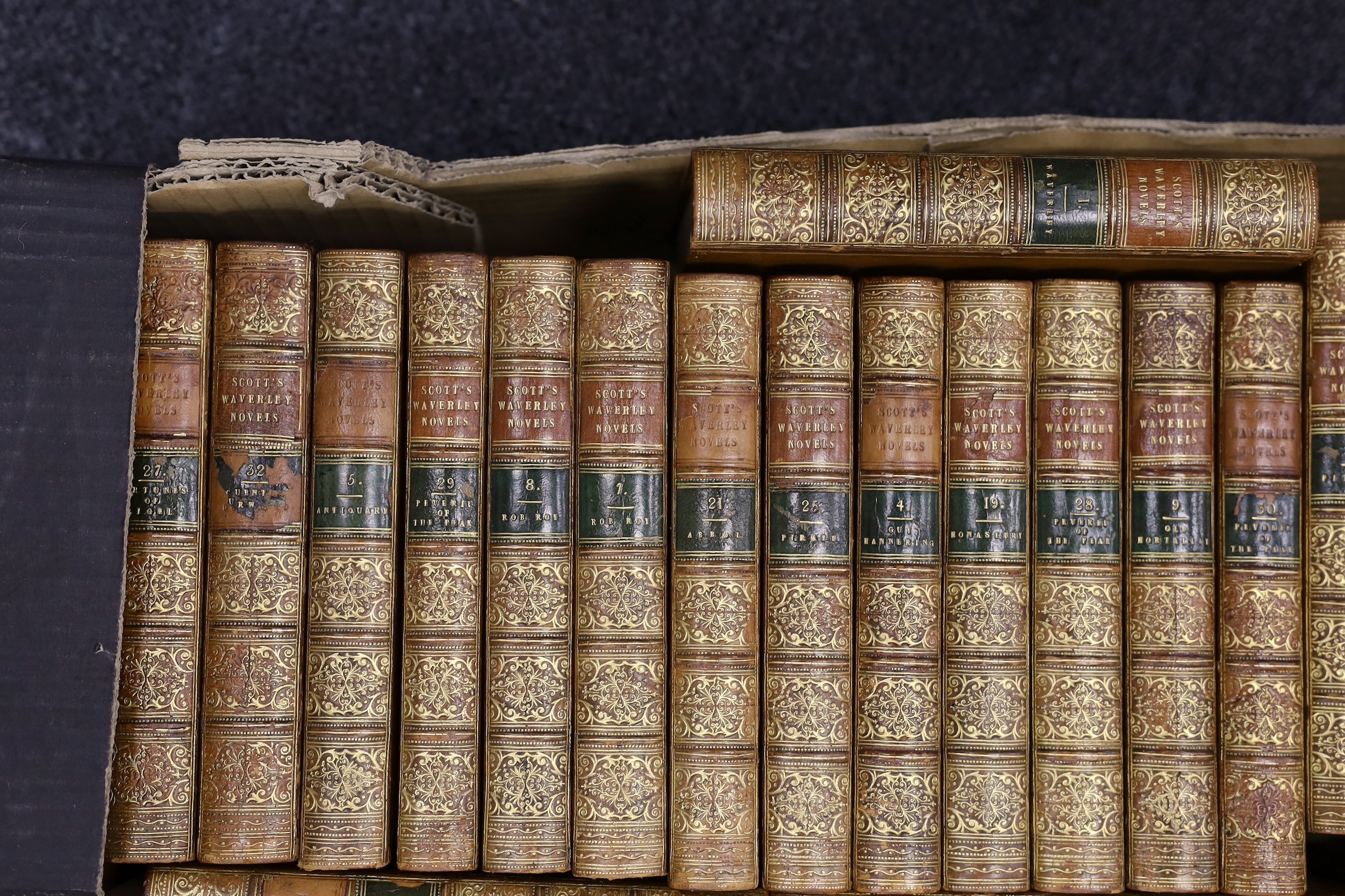 Scott, Walter, Sir - Waverley Novels, 48 vols, 12mo, calf with gilt spines, engraved frontis and title, Robert Cadell, London, 1848.